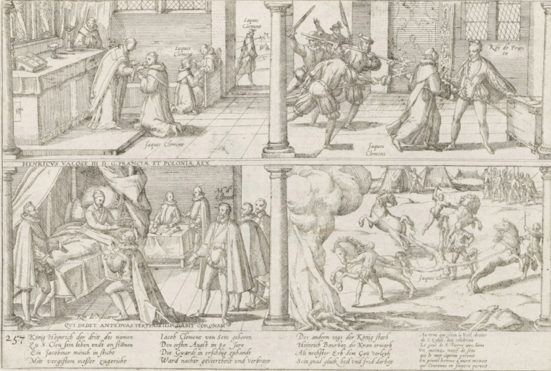 Murder of Henry III, 1589, Series 4: French, German and English Events, 1576-1610, print, album page, historical print, Series number, 257, 380?, Murder of King Henry III by the monk Jacques Clément in four consecutive scenes separated by columns: Clément takes Eucharist and confesses, murder of the king, coronation of Henry of Navarre, Clément's body is quartered. With caption of 12 lines in German and 7 lines in French. Numbered bottom left: 257., printmaker: workshop of Frans Hogenberg, Cologne, 1589 - 1591, Frans Hogenberg, printmaker, North Rhine-Westphalia, paper, etching, height 215 mm x width 280 mm, Person, Henry IV (King of France and Navarre), Henry III (King of France), Jacques Clément, attempt, political murder, coronation of a ruler, violent death by quartering, French Wars of Religion, Period, An engraved sheet divided into framed scenes shows interior and exterior settings with human figures in period dress engaged in varied actions; in the upper left a clergyman stands...