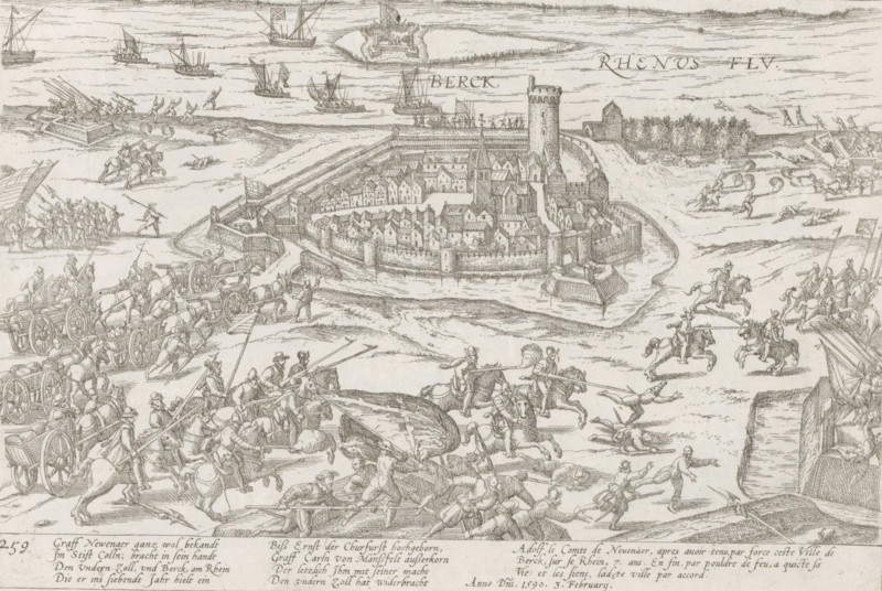 Rheinberg surrenders to the Spaniards, 1590, Series 10: Dutch and Foreign Events, 1587-1612, print, album page, historical print, Series number, 259, 380?, February 3, 1590. Episode from the Cologne War. With caption of 8 lines in German and 3 lines in French. Numbered bottom left: 259., printmaker: workshop of Frans Hogenberg, Cologne, 1590 - 1592, North Rhine-Westphalia, paper, etching, height 191 mm x width 282 mm, capture of city (after the siege), Cologne War, Rijnberg, Period, 1590-02-03, A detailed monochrome engraving showing a walled town on an island with clustered buildings, a tall round tower, a church with a steeple, and surrounding fortifications; water around the island contains multiple sailing ships and smaller boats; outside the town there are ramparts, soldiers, and groups of armed figures engaged in activity, including mounted riders with lances, foot soldiers carrying pikes, and men operating wheeled artillery and wagons drawn by horses; figures lie on the ground a...