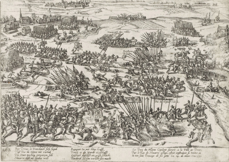 Battle of Ivry (Dreux), 1590, Series 4: French, German and English Events, 1576-1610, print, album page, historical print, Series number, 262, 380?, View of the Battle of Ivry (Dreux), March 14, 1590. In the distance the walled city. With caption of 8 lines in German and 3 lines in French. Numbered bottom left: 262., printmaker: workshop of Frans Hogenberg, Cologne, 1590 - 1612, North Rhine-Westphalia, paper, etching, height 193 mm x width 269 mm, Person, Henry IV (King of France and Navarre), battle, fighting in general, French Wars of Religion, Ivry, Dreux, Period, 1590-03-14, A densely detailed black and white engraving showing a large battlefield scene with many rows of infantry holding long pikes, cavalry charging on horseback, and scattered fallen soldiers; cannons with smoke emerge from emplacements while figures rush to and from them; groups of soldiers form organized blocks behind raised shields and standards, and smaller clusters skirmish across open ground; in the background...