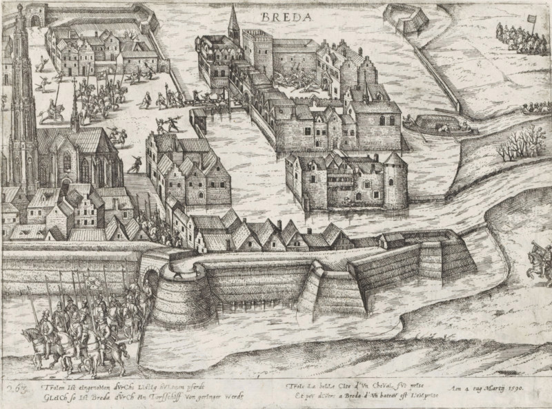 Turfschip van Breda, 1590, Series 10: Dutch and Foreign Events, 1587-1612, print, album page, historical print, Series number, 263, 380?, The peat ship of Breda, 1590. States soldiers seize the castle of Breda, March 4, 1590. With caption of 2 lines in German and 2 lines in French. Numbered bottom left: 263., printmaker: workshop of Frans Hogenberg, Cologne, 1590 - 1612, North Rhine-Westphalia, paper, etching, height 199 mm x width 260 mm, capture of city (after the siege), Inname van Breda (1590), Breda, Period, 1590-03-04, A detailed monochrome engraving showing a fortified town with stone walls and bastions bordering a body of water, a cluster of multi-story buildings with pitched roofs and gabled facades, and a large church with a tall ornate tower. Figures in period dress and armor appear on horseback and on foot in groups in the streets and on bridges, some carrying long spears, while others stand or gesture. Several rectangular and towered stone structures sit surrounded by wate...