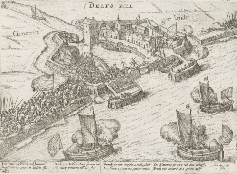 Capture of Delfzijl by Maurits, 1591, Series 10: Dutch and Foreign Events, 1587-1612, print, album page, historical print, Series number, 273, 380?, Capture of Delfzijl by Prince Maurits, July 12 (July 1 according to the new era) 1591. The depiction shows a storming of the city that never actually took place: the city surrendered to the prince without a fight. With an 8-line caption in German. Numbered bottom left: 273., printmaker: workshop of Frans Hogenberg, Cologne, 1591 - 1593, North Rhine-Westphalia, paper, etching, height 192 mm x width 267 mm, Person, Maurice (Prince of Orange), battle, fighting in general, Capture of Delfzijl, Delfzijl, Period, 1591-07-12, 1591-07-01, A detailed ink drawing of a fortified town seen from above and across water, showing walls, towers, clustered buildings, and a church with a steeple, with narrow docks and small boats moored alongside. Soldiers and figures are visible on the ramparts and streets, some carrying long pikes or banners and others clu...