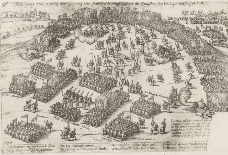 Visit of Henry IV to the German army, 1591, Erzeigung Wie Henrich der 4, Konig von Franckreich unnd Navarr, der teutschen fursten lager empfangen hatt, Series 4: French, German and English Events, 1576-1610, print, album page, historical print, Series number, 278, 380?, Reception of Henry IV and his troops at the German army, 1591. With an 8-line caption in German. Numbered bottom left: 278., printmaker: workshop of Frans Hogenberg, Cologne, 1591 - 1593, North Rhine-Westphalia, paper, etching, height 170 mm x width 262 mm, The copper plate used to print the image was damaged bottom right., Person, Henry IV (King of France and Navarre), French Wars of Religion, Period, A wide horizontal engraving showing a large organized military scene with many groups of soldiers arranged in rows and formations across an open plain, dozens of cannons emitting clouds of smoke, numerous mounted horsemen and infantry carrying spears and flags, wooden palisades and stacked pikes forming defensive squares,...