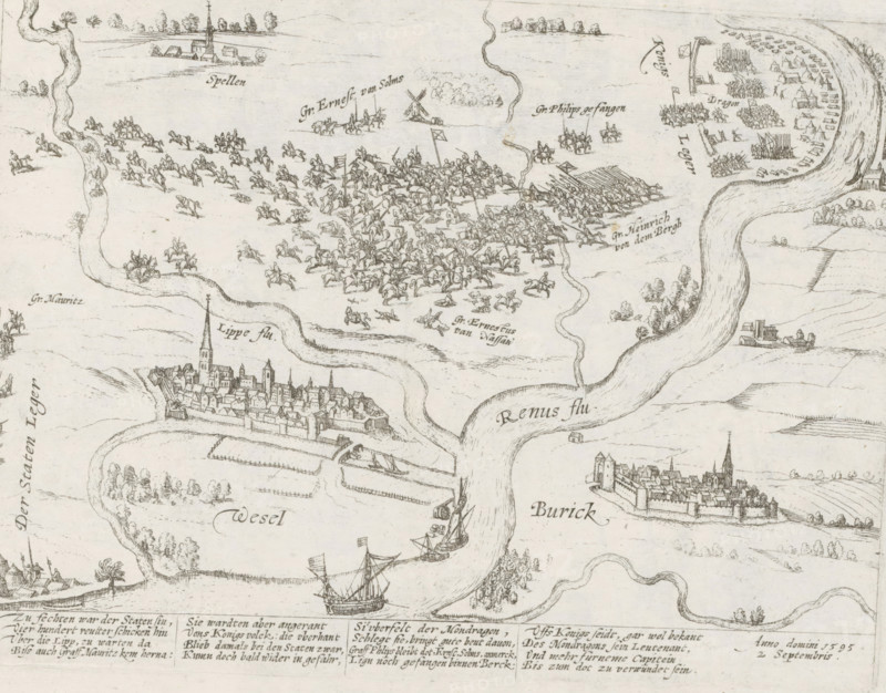 Defeat of the States Army at Wesel, 1595, Series 10: Dutch and Foreign Events, 1587-1612, print, album page, Series number, 312, 380?, Defeat of the States Army at Wesel. Maurice's cavalry defeated by Mondragon's cavalry at Wesel, September 2, 1595. Count of Solms and Philip of Nassau are killed and Count Ernst of Nassau is taken prisoner. Wesel at the bottom, Rheinberg at the top. With a 16-line caption in German. Numbered bottom left: 312., printmaker: workshop of Frans Hogenberg, Cologne, 1595 - 1597, North Rhine-Westphalia, paper, etching, height 193 mm x width 259 mm, Person, Philip Count of Nassau, Ernst (Count of Nassau), battle, fighting in general, Battle of Wesel, Rijnberg, Wesel, Period, 1595-09-02, A detailed pen drawing shows winding rivers flowing past fortified towns with clustered buildings and tall church spires, small sailing ships on the water, and scattered trees and fields; groups of mounted soldiers and infantry are engaged across open ground with banners and spea...