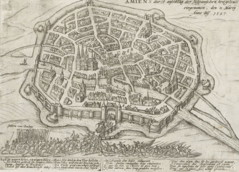 Amiens conquered by ruse, 1597, Amiens durch anschlag der Hispanischen kriegsleutt eingenomen, den 11 Martij Anno domini 1597, Series 4: French, German and English Events, 1576-1610, print, album page, Series number, 324, 380?, Conquest of Amiens by the Spaniards by a ruse with a peasant wagon, March 11, 1597. In the foreground, the Spanish army enters the city through the gate. With a caption of 8 lines in German and 8 lines in French. Numbered bottom left: 324., printmaker: workshop of Frans Hogenberg, Cologne, 1597 - 1599, North Rhine-Westphalia, paper, etching, height 293 mm x width 268 mm, capture of city (after the siege), French Wars of Religion, Amiens, Period, 1597-03-11, A detailed bird’s-eye pen-and-ink view of a walled town with irregular streets and tightly packed buildings, showing towers, steeples, and larger church-like structures rising above rows of houses; defensive walls with rounded bastions and gatehouses surround the settlement, with bridges and waterways leading...