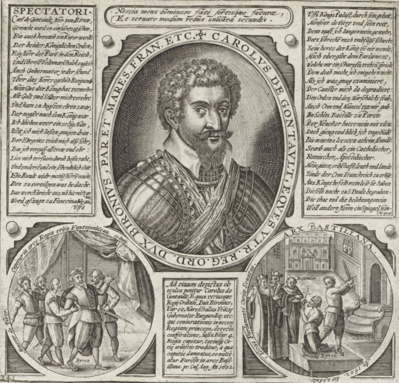 Portrait and execution of Charles de Gontault, Duke of Biron, 1602, Series 4: French, German and English Events, 1576-1610, print, album page, Series number, 341, 380?, Portrait and two scenes from the execution of Charles de Gontault, July 29, 1602. Oval portrait, bust facing right, below in two medallions the capture and the beheading of the Duke. Between these four cartouches with texts in German, French and Latin. Numbered bottom left: 341., printmaker: workshop of Frans Hogenberg, Cologne, 1602 - 1604, North Rhine-Westphalia, paper, engraving, height 181 mm x width 190 mm, Person, Charles de Gontault (Duke of Biron), violent death by beheading, French Wars of Religion, Period, 1602-07-20, A detailed engraved portrait shows a man with curly hair, a mustache and a pointed beard wearing ornate armor and layered clothing within an oval frame, flanked by columns of text on both sides; below the portrait are two circular scenes depicting groups of men, one scene showing several men stan...