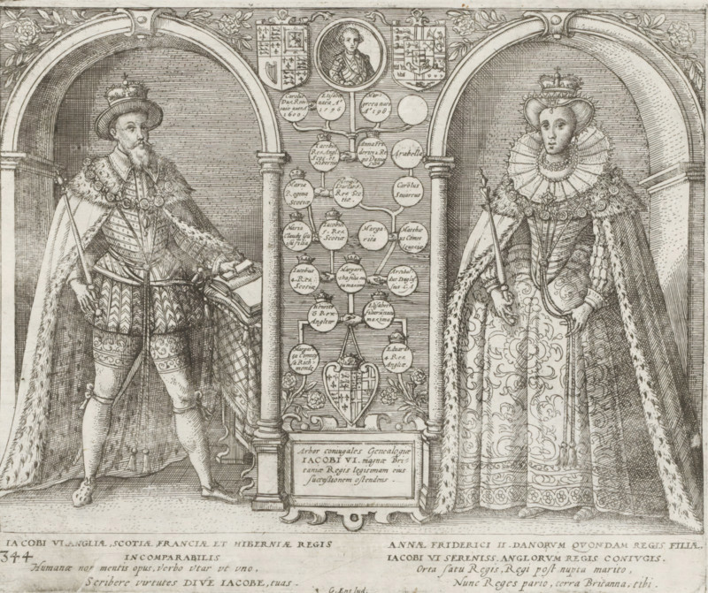Portraits of James I and Anne, Series 4: French, German and English Events, 1576-1610, print, album page, Series number, 344, 380?, Portrait of James I, King of England with his wife Anne of Denmark, ca. 1603. Both standing full-length in a niche. Between them the king's family tree. With a 4-line caption in Latin. Numbered bottom left: 344., printmaker: workshop of Frans Hogenberg, Cologne, writer (clerical worker): Caspar Ensius, 1603 - 1605, Frans Hogenberg, Caspar Ensius, printmaker, writer (clerical worker), North Rhine-Westphalia, paper, etching, height 197 mm x width 238 mm, Person, James I (King of England), Anne of Denmark, Period, 1603, An engraved scene shows two elaborately dressed figures standing beneath archways on either side of a central decorative panel; the figure on the left wears a tall hat topped with a crown, a long fur-lined cloak draped over ornate patterned garments, a sash and a beaded collar, and holds a long staff while one hand rests on a book and the othe...