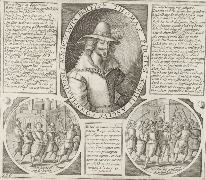 Portrait of Thomas Percy, Series 10: Dutch and Foreign Events, 1587-1612, print, album page, Series number, 356, 380?, November 15, 1605. Half-length portrait facing left, in an oval, at the bottom two medallions with scenes of the capture of himself and his servant for the Gunpowder Plot. Between these three cartouches with texts in German and Latin. Numbered bottom left: 356., printmaker: workshop of Frans Hogenberg, Cologne, 1605 - 1607, North Rhine-Westphalia, paper, engraving, gravure, height 170 mm x width 200 mm, Person, Thomas Percy, Gunpowder Treason, England, Period, 1605-11, A detailed engraved portrait of a man shown from the waist up within an oval frame wearing a wide-brimmed hat adorned with a feather and a decorative band, a lace-trimmed collar, a fitted doublet with visible seams and buttons, and a moustache with a pointed goatee, surrounded by decorative hatch shading; flanking the central oval are rectangular panels filled with handwritten script; below the portrait ...