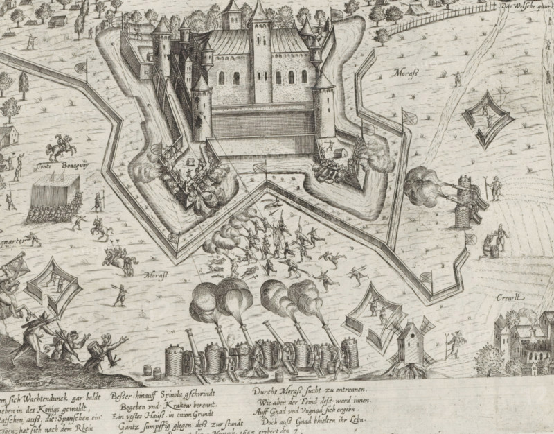 Krakow Castle captured, 1605, Series 10: Dutch and Foreign Events, 1587-1612, print, album page, Series number, 357, 380?, Krakow Castle (Burcht Krakau) near Krefeld besieged (from November 4) and captured for Spinola by the troops under the Count of Bucquoy, November 7, 1605. With a 13-line caption in German. Numbered bottom left: 357., printmaker: workshop of Frans Hogenberg, Cologne, 1605 - 1607, North Rhine-Westphalia, paper, etching, height 212 mm x width 279 mm, Person, Karel Bonaventura van Longueval (Count of Bucquoy), Ambrogio Spinola (Marquis de los Balbases), siege, position war, Capture of Krakow Castle, Krefeld, Krakow Castle, Period, 1605-11-04, A detailed monochrome engraving showing a fortified castle with tall towers and battlements surrounded by angled earthworks and moats, small figures of soldiers engaged in combat on and around the walls with plumes of smoke rising from gunfire, rows of cannons on carriage firing toward the fortress with visible recoil and smoke cl...