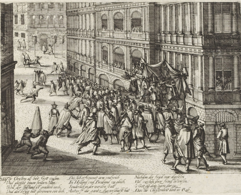 Proclamation of the Twelve Years' Truce in Antwerp, 1609, Series 10: Dutch and Foreign Events, 1587-1612, print, album page, Series number, 368, 380?, Proclamation of the Twelve Years' Truce in front of the City Hall in Antwerp, April 14, 1609. Bonfires are lit in the streets. With a 12-line caption in German. Numbered bottom left: 368., printmaker: workshop of Frans Hogenberg, Cologne, 1609 - 1611, North Rhine-Westphalia, paper, etching, height 205 mm x width 257 mm, festivities on events of national importance, proclamation of peace, decoration and illumination of streets, squares, etc. (, triumphal entry, etc.), Twelve Years' Truce, Antwerp, City Hall (Antwerp), Period, 1609-04-14, A densely detailed black and white engraving showing a busy street scene in front of a grand multi-story building with rows of arched windows and balustraded balconies. A large crowd of people wearing historical clothing and wide-brimmed hats fills the street, some walking, some gesturing or turning towar...