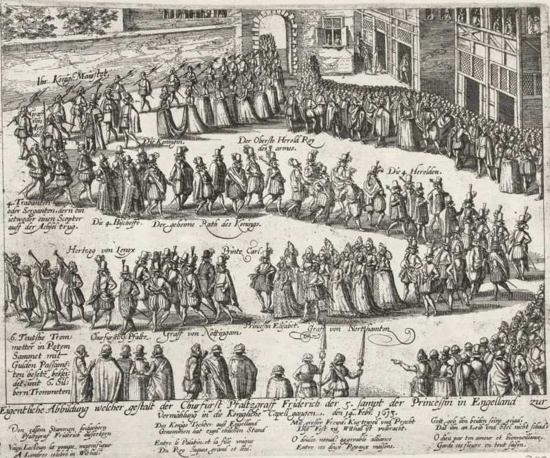 Wedding procession for Count Palatine Frederick V and Princess Elizabeth of England, 1613, Actual illustration of the figure of the Count Palatine Frederick V on the 5th of the Princess in England for the wedding in the Royal Chapel on February 14, Series 11: Varia Foreign Events, 1571-1631, print, album page, Series number, 383, 380?, Wedding procession in London of Count Palatine Frederick V and Princess Elizabeth of England, February 14, 1613. With caption of 8 lines in German and 8 lines in French. Numbered in pen in the lower right corner: 383., inscription: '383', printmaker: workshop of Frans Hogenberg, Cologne, 1613 - 1615, North Rhine-Westphalia, paper, etching, height 212 mm x width 263 mm, Person, Frederick V (Elector Palatine, King of Bohemia), Elizabeth Stuart (Electress Palatine, Queen of Bohemia), (civil) marriage ceremonies, public festivities at marriage of royal persons, London, Period, 1613-02-14, A detailed black and white engraved scene showing a large formal proce...