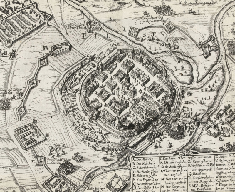 Siege of Pilsen, 1619, Series 11: Miscellaneous Foreign Events, 1571-1631, print, album page, Series number, 389, 380?, November 1619. Without caption, with legend AY. Numbered in pen in the lower right: 389., inscription: '389', printmaker: workshop of Frans Hogenberg, Cologne, 1619 - 1621, North Rhine-Westphalia, paper, etching, height 246 mm x width 297 mm, siege, position war, West Bohemia, Pilsen, Period, 1619-11, A detailed black and white engraving of a walled town with densely packed buildings, streets forming a grid, churches with tall steeples, towers and ramparts, and battlements along the town wall; surrounding the town are fields, meandering rivers, fortified earthworks and detached star-shaped forts, small groups of mounted and foot soldiers, tents and encampments, scattered trees and shrubs, and various siege works; there are small scenes of people engaged in activities such as marching, riding, and working, and clusters of smoke and cannon fire near parts of the wall; a...