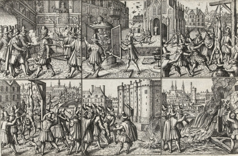 Murder of the Maréchal d'Ancre in Paris, 1617, Series 11: Miscellaneous Foreign Events, 1571-1631, print, album page, Series number, 390, 380?, Murder of Concino Concini, the Maréchal d'Ancre in Paris, April 24, 1617. In six scenes the murder and mutilations. Without caption. Numbered in pen at the bottom right: 390., inscription: '390', printmaker: workshop of Frans Hogenberg, Cologne, printmaker: Giridon, 1617 - 1619, North Rhine-Westphalia, paper, etching, height 182 mm x width 282 mm, Person, Concino Concini, violent death, being killed, being mishandled and maltreated, seeking death, Paris, Period, 1617-04-24, A densely detailed black and white engraving divided into panels shows numerous figures in period clothing engaged in various public scenes. In the upper row, people with hats and cloaks gather around an interior space where muskets are fired and a large cauldron is shown being tended behind open doors, while other figures drag or restrain individuals near architectural faca...