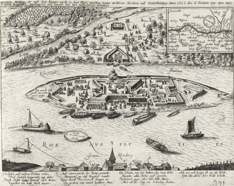 Construction of the Papenmuts fortress on Kompenwerdt, 1620, Own image of the village of the village in the Rhine between the villages of Berchem and Graen Rhindorp Anno 1620. on the 6th October Statischen kriegsvolck angefangener und numehr fast hoch auffgefuhrter Schantzen, Series 11: Varia Foreign Events, 1571-1631, print, album page, Series number, 391, 380?, Construction by the State army of the Papenmuts redoubt and other redoubts on the island of Kompenwerdt (Kemper Werth, Nonnenwerdt, Pfaffenmütz) near Bonn in the Rhine at the confluence of the Rhine and the Sieg between the villages of Rheindorf and Bergheim, October 6, 1620. With map of the area inset. With caption of 14 lines in German. Numbered in pen in the lower right: 391., inscription: '391', printmaker: workshop of Frans Hogenberg, Cologne, 1620 - 1622, North Rhine-Westphalia, paper, etching, height 217 mm x width 275 mm, fortifications, military engineering, Rhine, Bonn, Rheindorf, Papenmuts Redoubt, Bergheim, Period,...