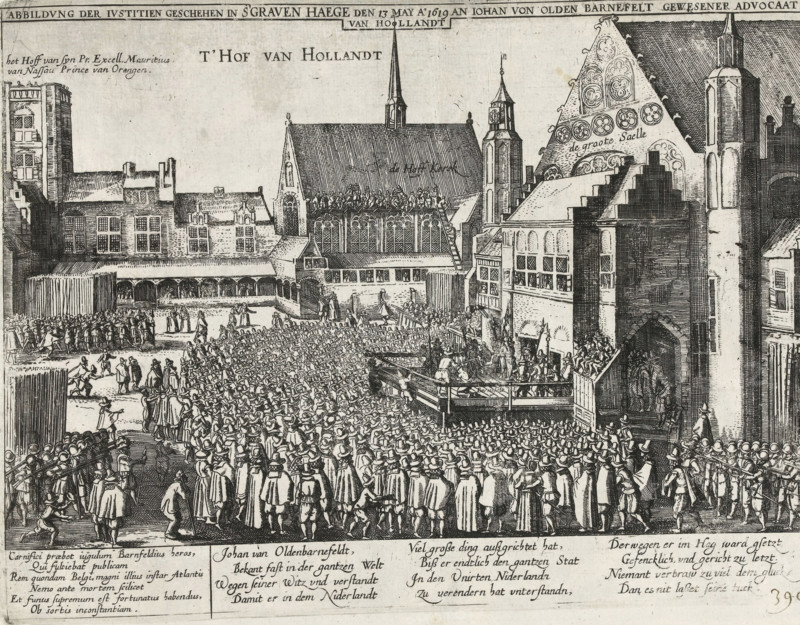 Depiction of Justice appeared in The Hague on May 13, 1619, to Johannes von Olden Barnefelt, former advocate of Holland, Execution of Johan van Oldenbarnevelt, Series 11: Varia Foreign Events, 1571-1631, print, album page, Series number, 394, 380?, Execution of Johan van Oldenbarnevelt in The Hague on May 13, 1619. Oldenbarnevelt kneels on the scaffold in front of the Binnenhof; on the square, a large number of spectators. With a caption of 6 lines in Latin and 12 lines in German. Numbered in pen at the bottom right: 394., inscription: '394', printmaker: workshop of Frans Hogenberg, Cologne, after print by Claes Jansz. Visscher (II), 1619 - 1621, Claes Jansz. Visscher (II), after print by, North Rhine-Westphalia, paper, etching, height 198 mm x width 260 mm, Person, Maurice (Prince of Orange), Johan van Oldenbarnevelt, violent death by beheading, on the scaffold or place of execution, Condemnation and execution of Johan van Oldenbarnevelt, The Hague, Binnenhof, Period, 1619-05-13, A de...