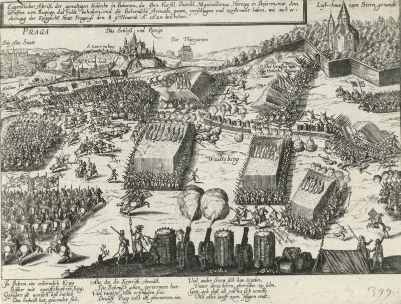 Eigentlicher Abriss, der gewaltigen Schlacht in Bohemia, that, Maximilianus Hertzog in Beyeren, with the Graffen von Buquoy, that was preserved, and the Bohemian Armada gantz overschlagen and zerstrewet haben, who are eroberung der Koniglichen Statt Praga, so den 8. 9. November. Ao. 1620 document, Battle of White Mountain near Prague, 1620, Series 11: Miscellaneous Foreign Events, 1571-1631, print, album page, Series number, 399, 380?, Battle of White Mountain (Weißen Berg) near Prague, 8-9 November 1620. With a 12-line caption in German. Numbered in pen at the bottom right: 399., inscription: '399', printmaker: workshop of Frans Hogenberg, Cologne, 1620 - 1622, North Rhine-Westphalia, paper, etching, height 214 mm x width 281 mm, battle, fighting in general, Battle of White Mountain, Prague, Period, 1620-11-08 - 1620-11-09, An engraved battle scene showing densely packed infantry formations arranged in rectangular blocks with spears or pikes bristling upward, cavalry units charging an...