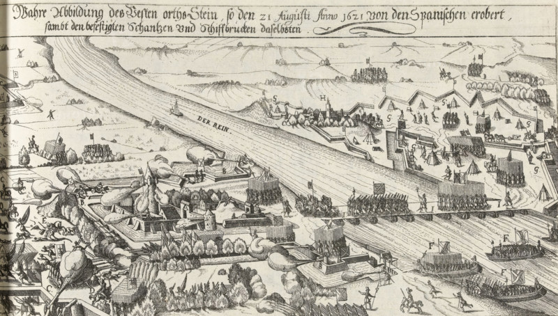 Stein am Rhein conquered by the Spaniards, 1621, True illustration of the fortified town of Stein, as conquered by the Spaniards on 21 August 1621, along with the fortified ramparts and ship bridges of the same kind, Series 11: Varia Foreign Events, 1571-1631, print, album page, Series number, 403, 380?, Stein am Rhein with the accompanying ramparts and ship bridge conquered by the Spaniards, 21 August 1621. Elements in the illustration are indicated by the letters AH but legend is missing. Without caption. Numbered in pen at the bottom right: 403., inscription: '403', printmaker: workshop of Frans Hogenberg, Cologne, 1621 - 1623, North Rhine-Westphalia, paper, etching, height 183 mm x width 333 mm, capture of city (after the siege), Thirty Years' War, Thurgau, Stein am Rhein, Period, 1621-08-21, A panoramic engraved scene showing a wide river flowing diagonally across the image with small sailing vessels and rowed boats on its surface, fringed by fortified structures and ramparts on b...