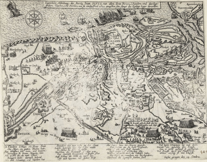 Actual depiction of the strong city of Sluys, with all its forts, redoubts, and excavated teychen, and polders, as they appear somewhat late 1621, together with the King's Army, Map of Sluis and surroundings besieged by the Spaniards, 1621, Series 11: Varia Foreign Events, 1571-1631, print, album page, map, Series number, 404, 380?, October 14, 1621. With caption of 26 lines in German. Numbered in pen at the bottom right: 404., inscription: '404', printmaker: workshop of Frans Hogenberg, Cologne, Frans Hogenberg, printmaker, North Rhine-Westphalia, paper, etching, height 220 mm x width 285 mm, maps of separate countries or regions, siege, position war, Siege of Sluis (1621), Sluis, Period, 1621-10-14, A detailed monochrome map showing coastlines, waterways, fortifications, towns, fields, and labeled place names in an old script, with drawn ships and sailing vessels in the sea, clusters of tents and formations of soldiers on land, stylized compass rose, small buildings and churches, bri...