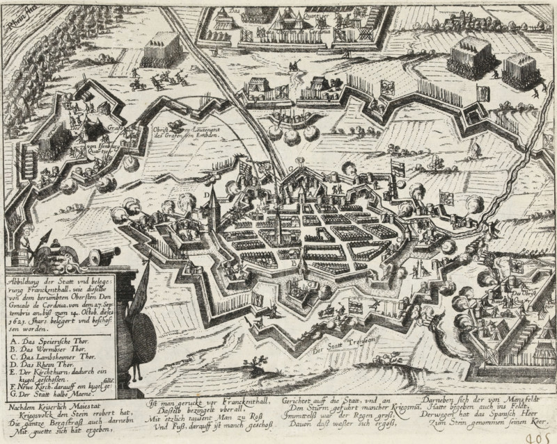 Siege of Frankenthal by the Spanish, 1621, Abbildung der Statt und belegerung Franckenthall, wie dieselbe von dem berumbten Obersten Don Goncalo de Cordova, von dem 27. Septembris an, biß zum 14. Octob. dieses 1621. Jhars besiert und beschossen be, Series 11: Varia Foreign Events, 1571-1631, print, album page, Series number, 405, 380?, Siege of Frankenthal by the Spaniards under Gonzalvo of Cordova, from September 21 to October 14, 1621. With legend AG and caption of 16 lines in German. Numbered in pen at the bottom right: 405., inscription: '405', printmaker: workshop of Frans Hogenberg, Cologne, North Rhine-Westphalia, paper, etching, height 215 mm x width 275 mm, siege, position war, Siege of Frankenthal (1621), Rhineland-Palatinate, Frankenthal, Period, 1621-09-21 - 1621-10-14, A bird’s-eye view engraving of a fortified town surrounded by angular bastions and earthworks, with a dense grid of streets and closely packed buildings inside the walls and a prominent tower rising above th...