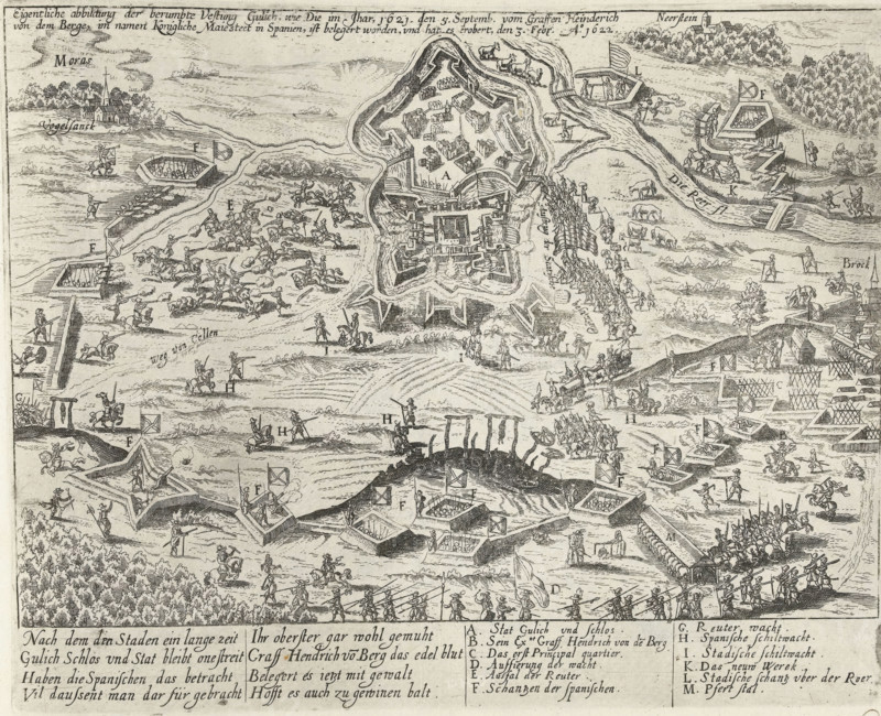 Eigentliche abbildung der berumbte Vestung Gulich, wie Die im Jahr 1621. den 5. Septemb. vom Graffen Heinderich von dem Berge, im naming Koningliche Maiesteet in Spanien, was besieged, and that was erobert, the 3. febr. Ao. 1622, Siege and Conquest of Jülich by Hendrik van den Bergh for the Spaniards, 1622, Series 11: Varia Foreign Events, 1571-1631, print, album page, Series number, 406, 380?, from 5 September 1621 to 3 February 1622. With legend AM and caption of 8 lines in German. Numbered in pen at the bottom right: 406., inscription: '406', printmaker: workshop of Frans Hogenberg, Cologne, 1622 - 1624, North Rhine-Westphalia, paper, etching, height 221 mm x width 273 mm, Person, Hendrik Count van den Bergh, siege, position war, capture of city (after the siege), Siege of Jülich (1621-1622), Jülich (village), Period, 1621-02-03, A wide, detailed black-and-white engraving showing a fortified town with angular bastions and inner buildings surrounded by walls and water, with surroundi...