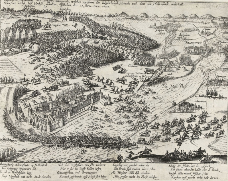 Battle of Höchst am Main, 1622, Eigentliche Abbildung das Treffen belängendt, welches zwischen der Kayserlichen Armada und dem von Halberstadt underhalb Francfort nechst bey Hochst contenten. Done on June 20. Anno 1622, Series 11: Varia Foreign Events, 1571-1631, print, album page, Series number, 408, 380?, Battle of Höchst, near Frankfurt am Main, June 20, 1622. With caption of 16 lines in German. Numbered in pen at the bottom right: 408., inscription: '408', printmaker: workshop of Frans Hogenberg, Cologne, 1622 - 1624, North Rhine-Westphalia, paper, etching, height 219 mm x width 281 mm, battle, fighting in general, Hesse, Höchst, Period, 1622-06-20, A wide, detailed engraving showing a riverside town with fortified walls and clustered buildings, a large bridge crossing the river, numerous groups of soldiers in formation with spears and flags, cavalry on horseback charging and riding across open fields and into the river, rows of trees and small wooded areas, scattered cannons and w...