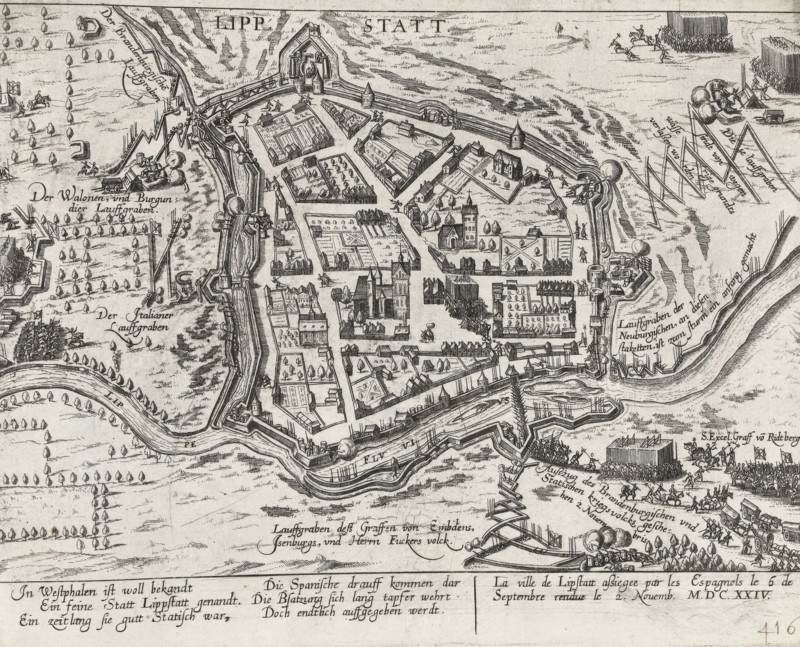 Siege and capture of Lippstadt by the Spaniards, 1624, Series 11: Miscellaneous Foreign Events, 1571-1631, print, album page, Series number, 416, 380?, from September 6 to November 2, 1624. With caption of 6 lines in German and 2 lines in French. Numbered in pen at the bottom right: 416., inscription: '416', printmaker: workshop of Frans Hogenberg, Cologne, 1624 - 1626, North Rhine-Westphalia, paper, etching, height 223 mm x width 278 mm, siege, position war, capture of city (after the siege), Thirty Years' War, Lippstadt, Period, 1624-09-06 - 1624-11-02, An overhead engraved view of a fortified town surrounded by angular walls, bastions, moats, and a river, showing streets, blocks with individual houses, gardens with trees, and several churches and larger buildings; defensive works including earthen ramparts, palisades, and artillery emplacements are visible along the perimeter, with soldiers and small groups of figures positioned on walls and in the streets; outside the defenses ther...