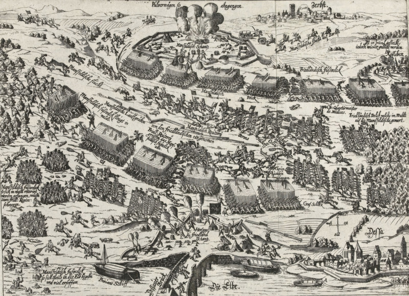 Battle of Dessau, 1626, Series 11: Miscellaneous Foreign Events, 1571-1631, print, album page, Series number, 420, 380?, at the Dessau Bridge, April 25, in which the Imperial army under Wallenstein achieves a crushing victory over the troops under the Count of Mansfeld. Without caption. Numbered in pen at the bottom right: 420., inscription: '420', printmaker: workshop of Frans Hogenberg, Cologne, 1626 - 1628, North Rhine-Westphalia, paper, etching, height 201 mm x width 275 mm, battle, fighting in general, Saxony-Anhalt, Dessau, Period, 1626-04-25, A detailed black-and-white engraving showing a large battlefield scene with formations of soldiers arranged in rectangular blocks, many on foot and many on horseback, some carrying flags, others firing weapons that emit plumes of smoke; fortifications and earthworks appear with soldiers positioned behind palisades and tents clustered inside a star-shaped fort where explosions send up tall clouds; scattered bodies and fallen horses lie acros...