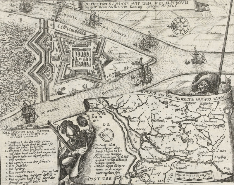Swedish redoubt on the Weichsel River near Danzig, approximately nine miles from Danzig, 1626, Swedish redoubt on the Vistula near Danzig, Series 11: Varia Foreign Events, 1571-1631, print, album page, Series number, 422, 380?, Swedish redoubt built on the Vistula near Danzig, 1626. At the bottom, a cartouche in the shape of a paper scroll held up by two soldiers with a map of the mouth of the Vistula with title and captions in Dutch. On the left, Legend of the main illustration 1-11. Numbered in pen at the bottom right: 422., inscription: '422', printmaker: workshop of Frans Hogenberg, Cologne, 1626 - 1628, North Rhine-Westphalia, paper, etching, height 206 mm x width 264 mm, Compare the print by CJ Visscher (II), Hollstein vol. 38, p. 37, no. 57., fortifications, military engineering, Thirty Years' War, Prussia, Pomorian voivodeship, Danzig, Vistula, Period, A detailed black and white engraved map fragment showing a star-shaped fortified structure with bastions and inner buildings, s...