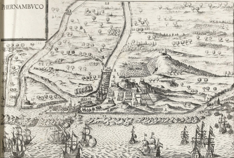 View of Pernambuco, 1630, Series 11: Miscellaneous Foreign Events, 1571-1631, print, album page, Series number, 428, 380?, 1630. Dutch ships at sea off the coast. Without caption and unnumbered 428., printmaker: workshop of Frans Hogenberg, Cologne, 1630 - 1632, North Rhine-Westphalia, paper, etching, height 230 mm x width 307 mm, Pernambuco, Period, A detailed monochrome engraving showing a coastal scene with many sailing ships in the foreground on choppy water, some firing cannons and smoke rising from a few vessels. Behind the ships a shoreline with a fortified town and clustered buildings, docks, moored ships, and rows of small structures and gardens. A narrow river or canal runs inland from the town toward the top of the image, flanked by roads and small figures walking. The surrounding landscape features rolling hills, scattered trees of similar stylized shape, groves, and cultivated plots, with occasional isolated buildings on hilltops and small boats on inland waterways. The co...