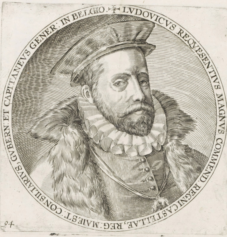 Portrait of Requesens, Series 6: Dutch Events, 1571-1576, print, album page, Series number, 94, 380?, Portrait of Don Luis de Requesens y Zunega, Governor in the Netherlands. Round portrait, bust facing right, with inscription in Latin. Numbered lower left: 94., printmaker, after print by, paper, engraving, height 174 mm x width 174 mm, Copy after the original first used as an illustration in: Michael Aitsinger, Belgici leonis chorographia, das ist ein newe Landt Beschreibung des Belgischen Lewen, in 17 Provincien des gantzen Niderlandts außgetheylet. Cologne: Frans Hogenberg, 1587. This copy first used in 1605., Person, Luis de Zúñiga y Requesens, Eighty Years' War, Period, 1573, An engraved portrait of a bearded man shown from the chest up within a circular frame, wearing a hat with a narrow brim, a ruffled collar, a fur-lined cloak draped over his shoulders, and a buttoned garment beneath, with closely hatched lines creating shading and texture across his face, clothing, and the cir...