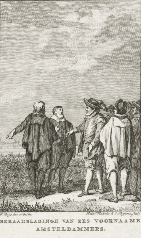 Consultation of six prominent Amsterdammers, Consultation between six prominent Amsterdammers, 1566, print, historical print, outside the city, probably to discuss freedom of religion., printmaker: Reinier Vinkeles (I), Netherlands, printmaker: Cornelis Bogerts, after drawing by Jacobus Buys, 1780 - 1795, paper, etching, height 127 mm x width 100 mm, Illustration for: J. Fokke, Histories of the United Netherlands for the National Youth, Johannes Allart, Amsterdam 1783-1795, 25 volumes, vol. IV, pl. III. State with the letter., debate, discussion (, meeting), Eighty Years' War, Reformation, Amsterdam, Period, A group of men stand outdoors on a grassy area under a heavily lined sky with cloud formations; they wear period clothing including cloaks, doublets, breeches, stockings, and hats, with some figures shown from the back and others in three-quarter view; one man gestures with an outstretched arm while another extends a hand toward him, and a cluster of men stand closely together to t...