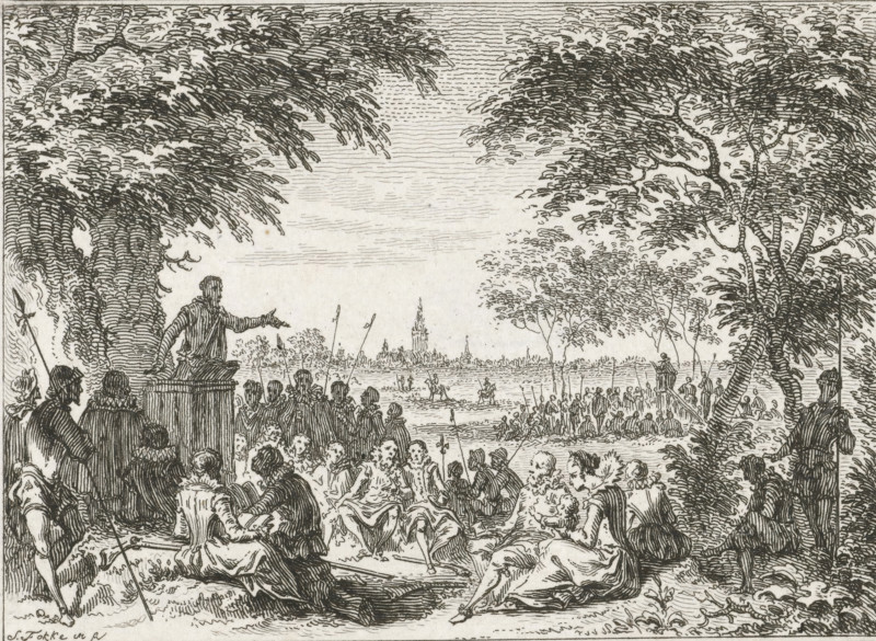 Public sermon in the field, 1566, print, historical print, 1566. Hedge sermon outside the city: a preacher speaking under a tree, listeners sitting on the ground., printmaker: Simon Fokke, Northern Netherlands, after design by, 1782 - 1784, paper, etching, height 84 mm x width 106 mm, Stands before the letter., sermon, Protestant service, Eighty Years' War, Reformation, Hedge sermons, Period, A detailed black and white etching shows a large outdoor gathering beneath leafy trees, with a crowd of seated and standing figures in period clothing facing a raised platform where a man gestures from a pulpit. In the foreground, several seated figures recline or turn toward the speaker, and groups of people cluster along the shore. In the middle distance, many small figures stand in shallow water and along the bank, some holding long poles. Trees with textured trunks and dense canopies frame both sides of the scene, and a distant city skyline with a tall spire appears on the horizon across the w...
