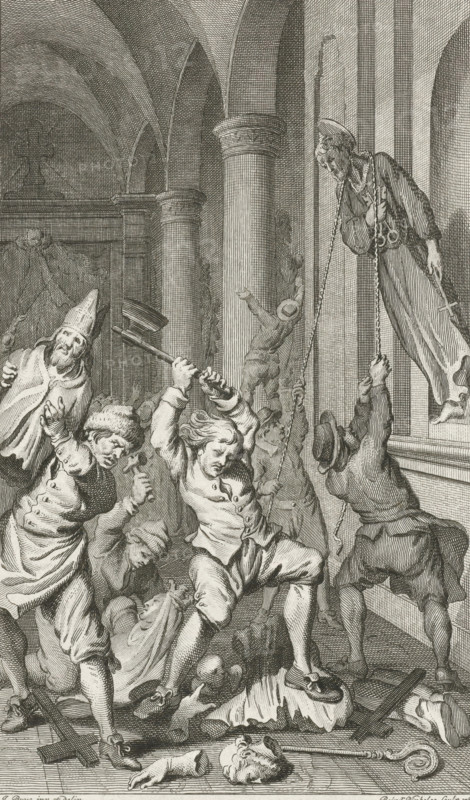 Iconoclasm in the Netherlands, Iconoclasm in a church, 1566, print, historical print, 1566. A group of men pulls a statue of Saint Peter from a niche in the wall, other statues are smashed on the ground., printmaker: Reinier Vinkeles (I), Netherlands, after drawing by Jacobus Buys, 1786, paper, etching, height 192 mm x width 116 mm, Illustration for: Jacobus Kok, Vaderlandsch Woordenboek, Johannes Allart, Amsterdam 1785-1799, 35 volumes, vol. V, pl. IV. State with the letter., iconoclasm, Eighty Years' War, Iconoclasm (1566), Period, A crowded interior scene shows arched ceilings and tall fluted columns with decorative capitals, and a group of men in period clothing engaged in violent action. Several men with varied hats and garments lift or swing wooden clubs and hammers, their faces strained and hair tousled. One figure wearing a tall pointed hat appears recoiling with raised hands, while a fallen helmet and broken wooden crosses lie on the floor amid scattered debris and a severed h...