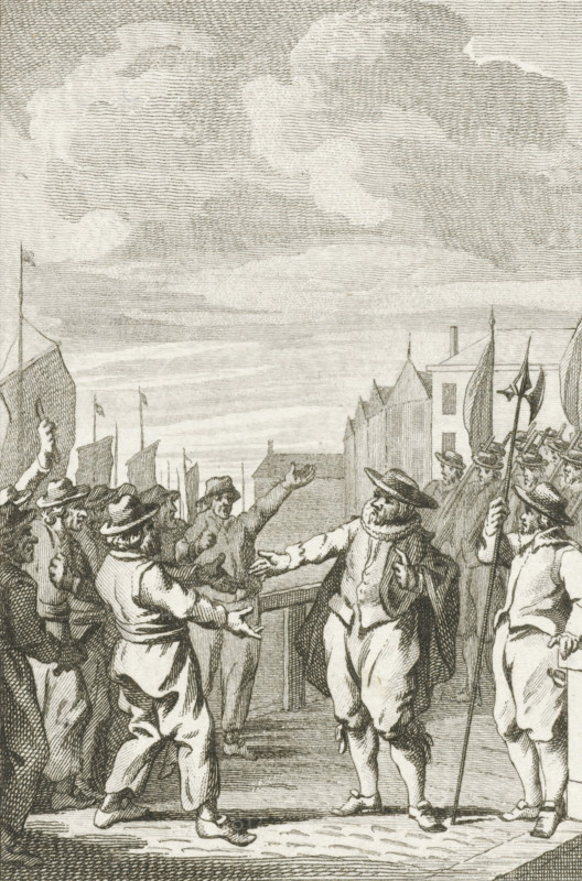 Mayor Joost Buyck calms the boatmen, 1567, print, historical print, Mayor Joost Buyck has soldiers occupy the Nieuwe Brug in Amsterdam and calms the boatmen, February 26, 1567., printmaker: Harmanus Vinkeles, Netherlands, after drawing by Jacobus Buys, 1786 - 1792, paper, etching, height 99 mm x width 75 mm, Illustration for: J. Fokke, Amsteldam en zyne geschiedenissen, in't kort, 6 volumes, J. Allart, Amsterdam 1788-1792, vol. I, pl. VII. Stands before the letter., Person, Joost Sijbrandtsz. Buyck, Amsterdam, Period, 1567-02-26, A detailed engraving showing a group of men gathered on a quay or dock, many wearing wide-brimmed hats and period clothing with doublets, breeches, and cloaks. Two central figures face each other, one with arms outstretched and a ruffled collar, the other gesturing with raised hands, while surrounding men watch and some raise their arms. Ships with furled sails and several masts appear in the background to the left, and tall narrow buildings line the right sid...