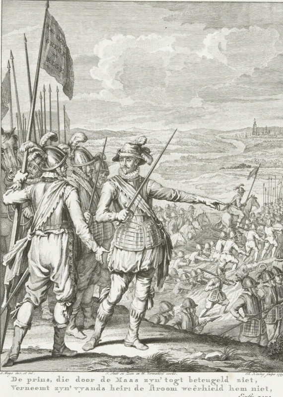 The Prince's army crosses the Meuse, 1568, The Prince, who sees his advance restrained by the Meuse, Perceives his enemy's army: the current did not hold him back, Scenes from the life of Prince William I, 1568-1584, print, historical print, Series number, 1, 24, William of Orange, standing in the foreground among his officers, shows his army the way as they cross the Meuse, October 1568. First canto., printmaker: Theodoor Koning, Northern Netherlands, after design by Jacobus Buys, publisher: Willem Vermandel, Amsterdam, publisher: J. Smit, publisher: Jan Willem Smit, 1779, paper, etching, height 275 mm x width 220 mm, Illustration for: J. Nomsz, Willem de eerste, of de grondlegging der Nederlandsche vryheid. : In vier en twintig zangen, Erven van David Klippink, Amsterdam 1779. State with the letter., Person, Willem I (Prince of Orange), Willem van Oranje trekt over de Maas, Maastricht, Maas, Period, 1568-10, A tightly detailed black and white engraving shows a group of armored figure...