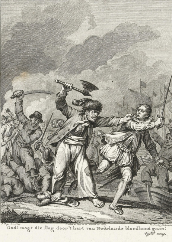 Battle between Barthold Entes and Agulo at Vlissingen, 1572, God! might that blow go through the heart of the Dutch bloodhound!, Scenes from the life of Prince William I, 1568-1584, print, historical print, Series number, 5, 24, Battle between the Sea Beggar Barthold Entes, armed with an axe, and the Spaniard Agulo at Vlissingen, 1572. Fifth canto., printmaker: Theodoor Koning, Northern Netherlands, after design by Jacobus Buys, publisher: Willem Vermandel, Amsterdam, publisher: J. Smit, publisher: Jan Willem Smit, 1780, paper, etching, height 275 mm x width 220 mm, Illustration for: J. Nomsz, William the First, or the Foundation of Dutch freedom. : In twenty-four songs, Heirs of David Klippink, Amsterdam 1779. State with the letter., Person, Bartold Entens van Mentheda, Relief of Vlissingen, Period, A detailed black and white engraving shows a chaotic shore scene with armed men in dramatic poses. In the center a bearded man wearing a fur hat and loose clothing strides forward with one...