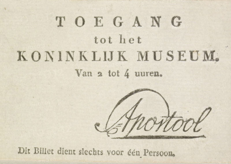 Admission ticket to the Royal Museum, 1809-1810, admission ticket, Admission ticket for one person to the Royal Museum in Amsterdam, 1809-1810. With the name Apostool, director of the museum., printer (person), Netherlands, paper, letterpress printing, text in letterpress, height 60 mm x width 90 mm, Person, Cornelis Apostool, Royal Museum, Amsterdam, Period, 1809 - 1810, A faded off-white paper with printed dark serif lettering near the top and lower edges, a large ornamental cursive signature in dark ink toward the lower right, and subtle paper texture and small speckles visible across the surface.