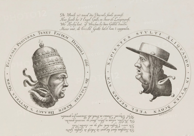 Double-headed caricature of the Pope with the Devil and the Cardinal with a Jester, 1685, cartoon, print, Reproduction of a double-headed caricature of the Pope with the Devil and the Cardinal with a Jester. With two verses of four lines. An originally sixteenth-century visual motif used on coins, prints, and earthenware jugs, here probably reused in 1685 following the revocation of the Edict of Nantes., printmaker: Emrik & Binger, Netherlands, after print by anonymous, 1877 - 1879, after print by, paper, lithography, height 224 mm x width 295 mm, Used as illustration in: JP Arend, Algemeene geschiedenis des vaderlands, voortzet door O. van Rees, WG Brille en J. van Vloten, Amsterdam, 5 volumes, 1840-1882, 4.2 (1879), p. 360-361., court jester, court fool, pope, devil(s) and demons, cardinal, Revocation of the Edict of Nantes, Period, 1685-10-08, Two circular engraved medallions appear side by side on a pale background, each containing a detailed profile portrait facing inward. The lef...