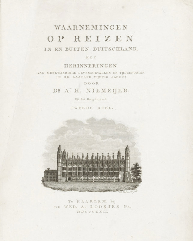 King's College Chapel, Title page for: AH Niemeyer, Observations on Travels in and outside Germany, 1822, print, title page, part of the University of Cambridge, founded in 1441., printmaker: Daniël Veelwaard (I), after print by Johann Friedrich Schröter, publisher: widow Adriaan Pietersz. Loosjes, Haarlem, Daniël Veelwaard (I), Johann Friedrich Schröter, widow Adriaan Pietersz. Loosjes, printmaker, after print by, publisher, paper, engraving, height 242 mm x width 161 mm, Title page for: Niemeyer, AH Observations on Travels in and outside Germany with memories, second part. Haarlem: Loosjes Pz., widow Adriaan, 1822., church (exterior) - QQ - small church, chapel, Cambridge, Cambridgeshire, A vertically oriented aged paper sheet with faint discoloration and a centered engraved illustration of a large Gothic-style building showing a long façade of tall arched windows, decorative pinnacles, and two taller tower-like structures at the ends; the building rests on a shaded grassy base and i...