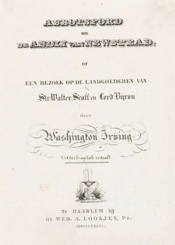 Fountain with dolphin, Title page for: Washington Irving, Abbotsford and the Abbey of Newstead, 1836, print, title page, publisher: widow Adriaan Pietersz. Loosjes, Haarlem, printmaker, paper, etching, engraving, etching and engraving, height 212 mm x width 136 mm, Title page for: Irving, Washington. Abbotsford and the Abbey of Newstead, or a visit to the estates of Sir Walter Scott and Lord Byron. Haarlem: Loosjes Pz., widow Adriaan, 1836., ornamental fountain, dolphin, ornament, The image shows a pale, aged paper with ornate decorative lettering across the top and middle in various stylized typefaces, ornamental flourishes and a large flowing cursive signature surrounded by swirling calligraphic embellishments, and a small detailed engraving of a fountain with water spouting from a pedestal into a basin surrounded by grasses and a coiled animal figure, all arranged vertically with visible paper texture and small spots or foxing.