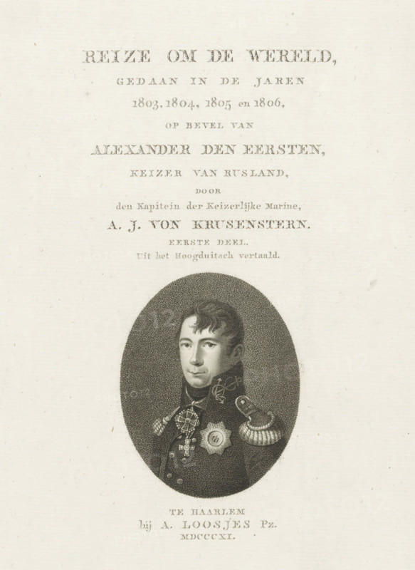 Portrait of Alexander I, Title page for: AJ von Krusenstern, Voyage around the world, 1811, print, title page, Portrait of Tsar Alexander I in uniform facing left., publisher: Adriaan Pietersz. Loosjes, Haarlem, printmaker, paper, stippelets, height 221 mm x width 142 mm, Part of title page for: Krusenstern, AJ von. Voyage around the world, undertaken in the years 1803, 1804, 1805 and 1806, by order of Alexander the First, Emperor of Russia. First part. Haarlem: Loosjes, Adriaan Pietersz., 1811., Person, Alexander I (Tsar of Russia), emperor, A faded printed page with a decorative title area at the top and an oval engraved portrait below; the portrait shows a man in a dark ornate military uniform with braided epaulettes and several medals and decorations on his chest, his hair styled short and wavy, and his face turned slightly to one side within a stippled oval frame, all set against a light textured paper background.
