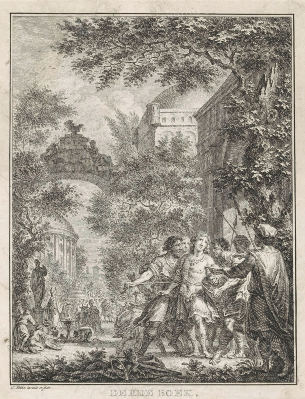 David captured by soldiers of King Saul, Third Book, David and Saul, print, book illustration, David, fleeing from King Saul who wants to kill him, is captured by soldiers. His arms are tied together with ropes., printmaker: Simon Fokke, after design by, publisher: Pieter Meyer, Amsterdam, 1766, paper, etching, height 190 mm x width 146 mm, A detailed black and white engraving shows a busy outdoor scene with classical architecture and tall trees filling the upper area, branches and leaves creating a canopy. On the left a rounded temple-like building with columns is partially visible beyond an arched stone bridge topped with a statue. In the center background a dome and other masonry structures peek through foliage. The foreground features a group of people in flowing drapery and armor, some embracing and others gesturing, with spears and shields among them. To the left foreground figures are seated or kneeling near vessels and a small brazier, and further back more small figures move a...