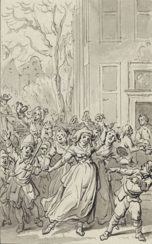 Festive atmosphere in Rotterdam on the birthday of William V, March 8, 1783, drawing, draftsman (artist): Jacobus Buys, 1783 - 1801, draftsman (artist), materials by function, paper, ink, pen, brush, scribbling, pen and brush in grey, height 143 mm x width 91 mm, Person, William V (Prince of Orange-Nassau), historical persons, festivities on events of national importance, birthday, historical events and situations, celebrations, Rotterdam, Period, 1783-03-08, A crowded scene of many people drawn in ink wash, showing men, women, and children in period clothing with flowing dresses, hats, and coats; several figures at the front appear in animated poses with raised arms and expressive faces, one woman in a long dress and hat leans forward amid the group, a child at the lower right reaches outward, and another child at the lower left holds a stick or staff; behind the crowd a tall building façade with rectangular panels and a doorway is visible, and to the left there are trees and loosely ...