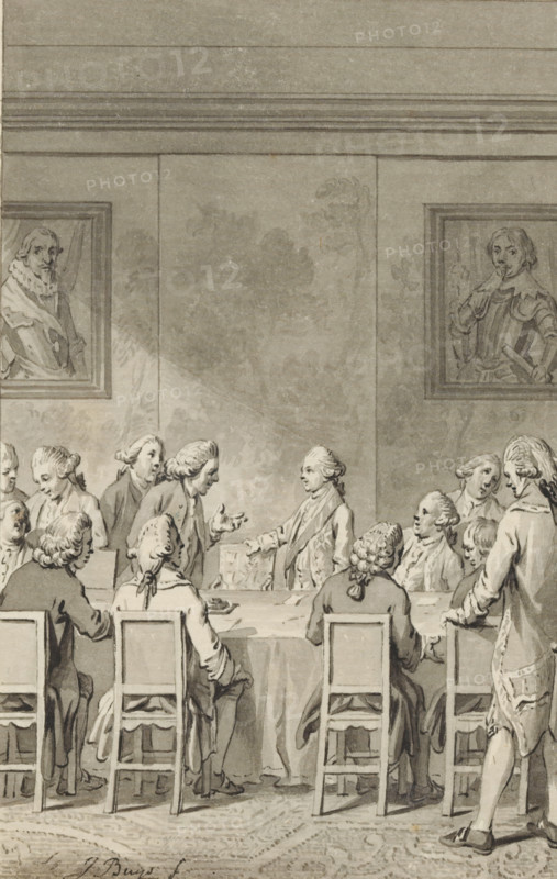 William V takes his seat in the Council of State for the first time, 1763, drawing, design, Stadtholder William V, Prince of Orange, takes his seat in the Council of State for the first time on March 9, 1763. Design for a print., draftsman (artist): Jacobus Buys, Northern Netherlands, 1795 - 1797, draftsman (artist), paper, pen and brush in grey, height 143 mm x width 91 mm, Design drawing for the print used as an illustration in: PA Loosjes. Vaderlandsche historie, vervattende de geschiedenissen, der Vereenigde Nederlanden .... Third part. Beginning with the year 1759 and ending with the year 1765, comprising the period of minority of Hereditary Stadtholder William V. In immediate continuation of Wagenaar's *Vaderlandsche historie*. Amsterdam: J. Allart, 1797., Person, William V (Prince of Orange-Nassau), Council of State, historical persons, historical events and situations, names of organizations, companies, trade unions, The Hague, Period, 1763-03-09, A grayscale drawing of a forma...