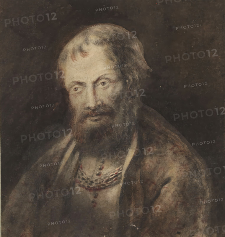 Bust of a man, with necklace, drawing, 1700 - 1800, draftsman (artist), inorganic material, paper, chalk, brush, black chalk, brush in gray, brown and red, height 174 mm x width 165 mm, A painted portrait of an older man shown from the chest up against a dark background, with light skin tones, thinning hair on top, longer hair at the sides, and a full beard and mustache; his eyes look slightly to one side and his facial expression appears neutral; he wears layered garments including a robe draped over his shoulders and a decorated garment underneath with beadlike elements and patterned details visible at the chest; the painting surface shows a textured, aged appearance with muted, earthy colors and visible brushwork.