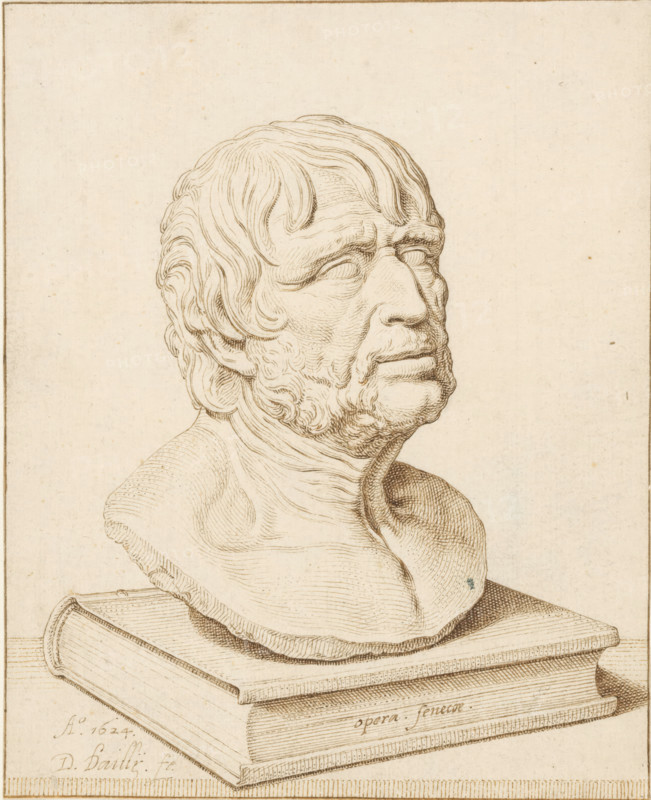 Portrait bust of Seneca, drawing, Bust of Seneca, facing right, standing on a book., draftsman (artist): David Bailly, 1624, draftsman (artist), materials by function, paper, ink, pen, pen in brown, height 177 mm x width 143 mm, Person, Lucius Annaeus Seneca, A detailed ink drawing shows a sculpted head and upper shoulders of an older man placed on top of a closed book; the head features wavy hair, a trimmed beard, pronounced facial wrinkles, and a pensive expression with closed or blank eyes, rendered with fine hatched lines and shading; the bust rests on a thick book with visible page edges and a textured cover, and the composition is set against a plain, lightly speckled background with a thin framed border.