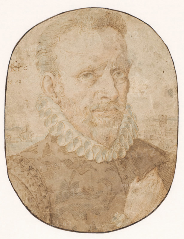 Portrait of a man, drawing, three-quarters to the left., draftsman (artist): Hendrick van Cleve, 1582, draftsman (artist), materials by function, paper, ink, pen, brush, pen in brown and brush in red, height 198 mm x width 152 mm, historical persons, A framed oval drawing of an older man shown from the shoulders up, facing slightly to the viewer's right, with a balding head, short curly hair at the sides, a trimmed mustache and beard, and visible wrinkles around his eyes and forehead; he wears a high ruffled collar with rounded, petal-like folds shaded with pale blue, and a patterned garment with faint decorative motifs and visible shoulder detailing; the drawing is in muted brown and gray tones on aged paper with visible sketch lines, subtle shading, and areas of discoloration and wear around the edges.