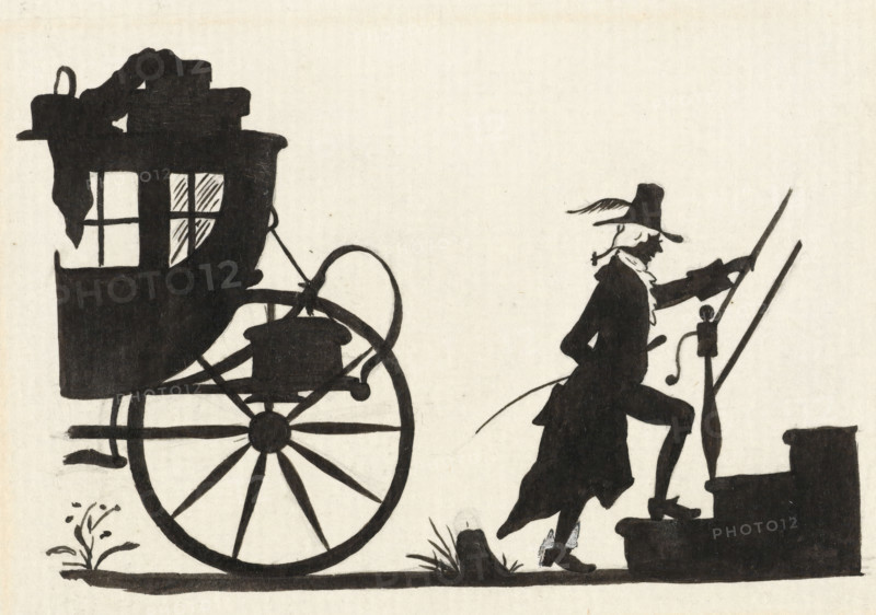 Design for In Holland staat een Huis: silhouette of a man entering a house from a carriage, drawing, design, Design for a print., draftsman (artist): Nelly Bodenheim, 1884 - 1917, draftsman (artist), paint (coating), paper, deck paint, pencil, brush, brush in black, white opaque paint, height 102 mm x width 140 mm, (VAN LOOY, In Holland staat een Huis) specific works of literature (with AUTHOR, Title), A black silhouette of a horse-drawn carriage wheel and part of the carriage body sits on the left, showing a large spoked wheel, a curved axle, and a boxy carriage section with a window and draped cloth. To the right, a black silhouette of a person wearing a wide-brimmed hat with a feather and a long coat is stepping up onto a platform or step, one hand reaching forward to hold a vertical pole or stirrup bar and the other arm bent behind, a cane or whip tucked at the waist. Small clumps of grass and a short stump appear at foot level near the wheel and the person's lifted foot. The scene...