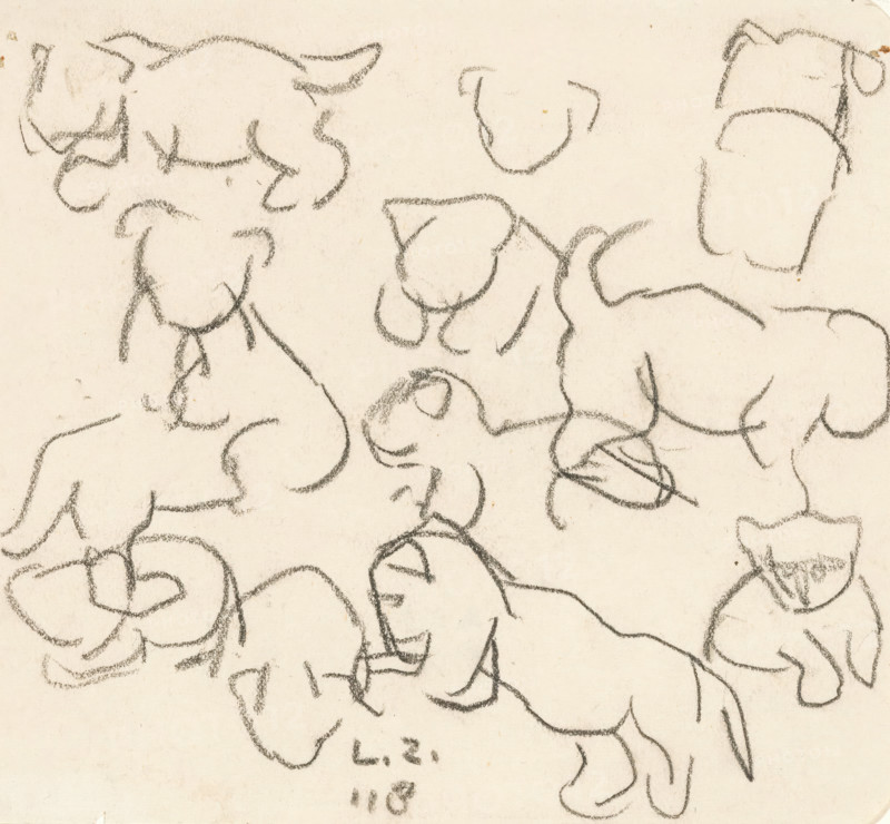 Sketches of a lion cub, drawing, draftsman (artist): Lambertus Zijl, 1918, draftsman (artist), inorganic material, paper, chalk, black chalk, height 139 mm x width 150 mm, beasts of prey, predatory animals: lion, Charcoal sketches on paper showing multiple rough, curved outlines of heads and shoulders, some with ear and jaw shapes, others reduced to simple rounded contours and flowing lines, all drawn in a loose, repeated pattern across a mottled, light-colored background.