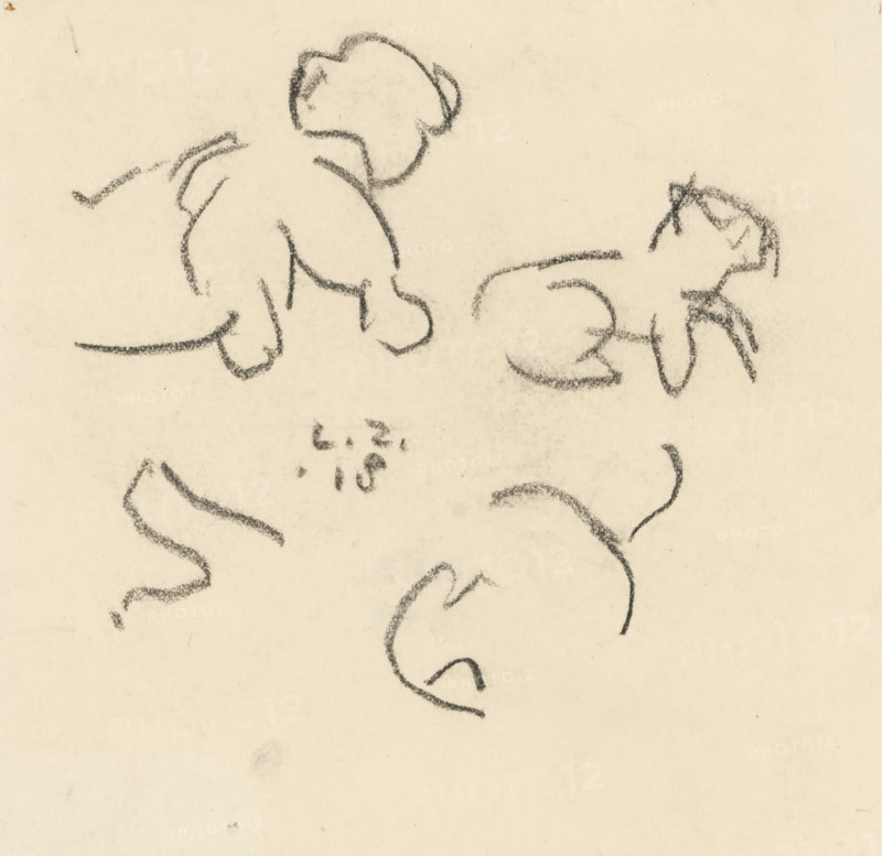 Sketches of a lion cub, drawing, draftsman (artist): Lambertus Zijl, 1918, draftsman (artist), inorganic material, paper, chalk, black chalk, height 139 mm x width 150 mm, beasts of prey, predatory animals: lion, A beige paper with charcoal sketches showing loose, curved outlines of rounded head and shoulder shapes and limb-like forms, darker textured charcoal marks creating soft contours and sketchy strokes, scattered short lines and swooping curves across the upper half, a few isolated wavy lines and curved marks toward the middle and lower areas, and faint smudges and subtle variations in paper tone throughout.