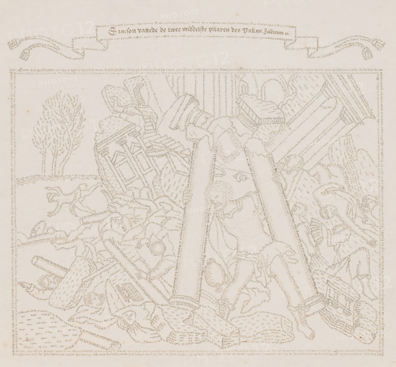 Samson destroys the temple of Dagon, drawing, calligraphy, Samson knocks over the two pillars of the Philistine temple, causing the structure to collapse. Ruined parts of the temple are visible in the background. Dead Philistines lie among the rubble. Representation consisting of written text telling the story of Samson., after print by Antonie Wierix (II), 1700 - 1799, Antonie Wierix (II), draftsman (artist), after print by, materials by function, paper, ink, pen, pen in brown, height 545 mm, height 273 mm x width 321 mm, Samson breaks the pillars, the temple of Dagon collapses, killing all that are in it, A faded sheet with a pale background filled with delicate, tiny dot-like markings arranged to form ornamental shapes and figures, including two large vertical columns in the center topped by curved, rope-like elements, stylized leafy motifs and floral patterns along the sides, a small tree-like form toward the upper left, and decorative border elements along the top and left edges, ...